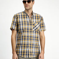 Mustard Short Sleeve Regular Fit Plaid Sport Button-Down Collar Cotton Pocket Shirt