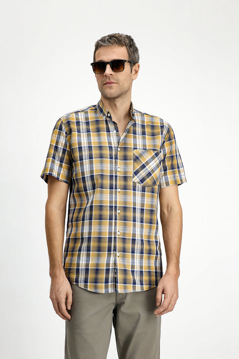 Mustard Short Sleeve Regular Fit Plaid Sport Button-Down Collar Cotton Pocket Shirt
