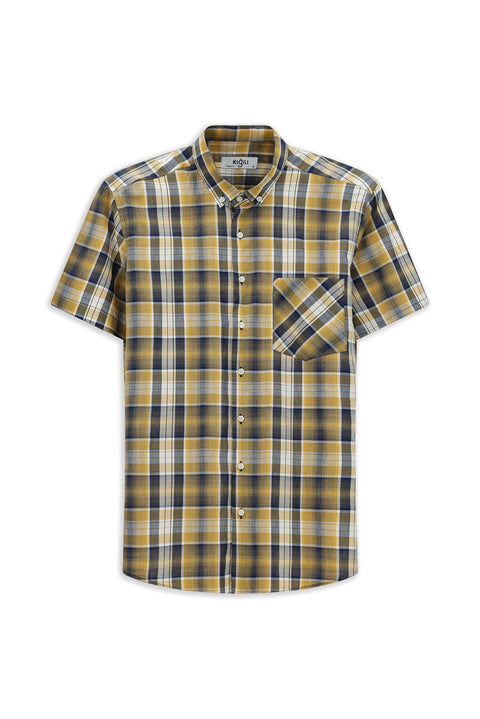 Mustard Short Sleeve Regular Fit Plaid Sport Button-Down Collar Cotton Pocket Shirt