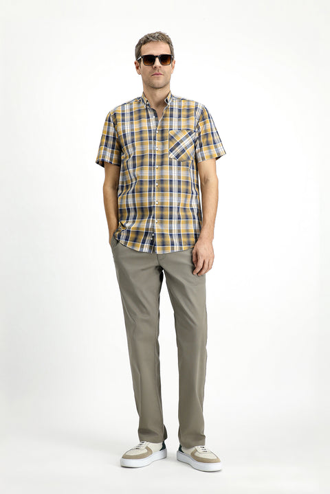 Mustard Short Sleeve Regular Fit Plaid Sport Button-Down Collar Cotton Pocket Shirt