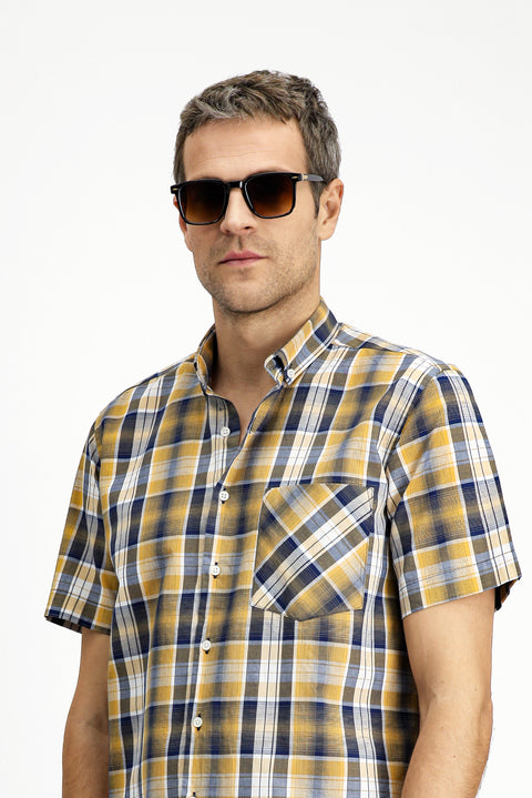 Mustard Short Sleeve Regular Fit Plaid Sport Button-Down Collar Cotton Pocket Shirt