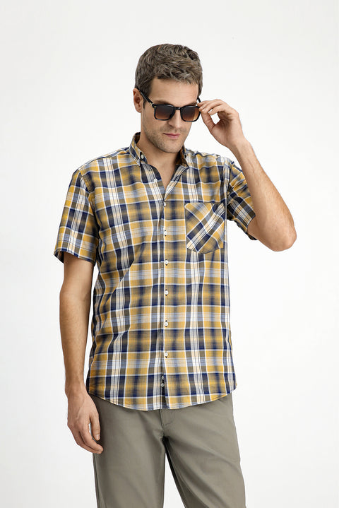 Mustard Short Sleeve Regular Fit Plaid Sport Button-Down Collar Cotton Pocket Shirt