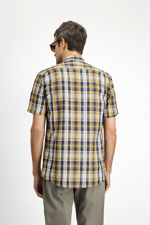 Mustard Short Sleeve Regular Fit Plaid Sport Button-Down Collar Cotton Pocket Shirt