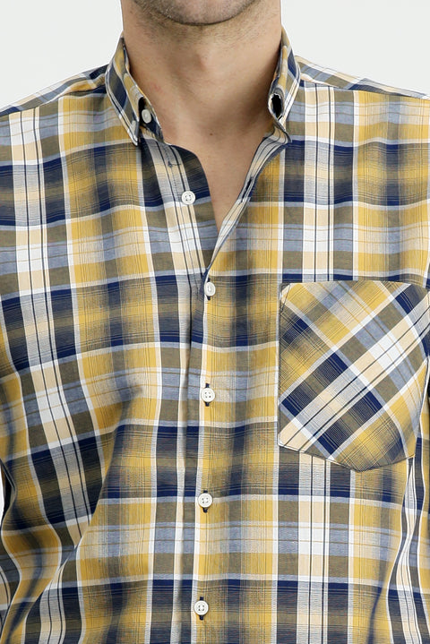 Mustard Short Sleeve Regular Fit Plaid Sport Button-Down Collar Cotton Pocket Shirt