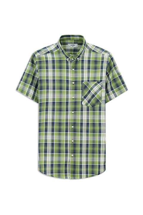 Pistachio Green Short Sleeve Regular Fit Plaid Sport Button-Down Collar Cotton Shirt with Pockets