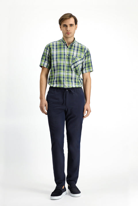 Pistachio Green Short Sleeve Regular Fit Plaid Sport Button-Down Collar Cotton Shirt with Pockets