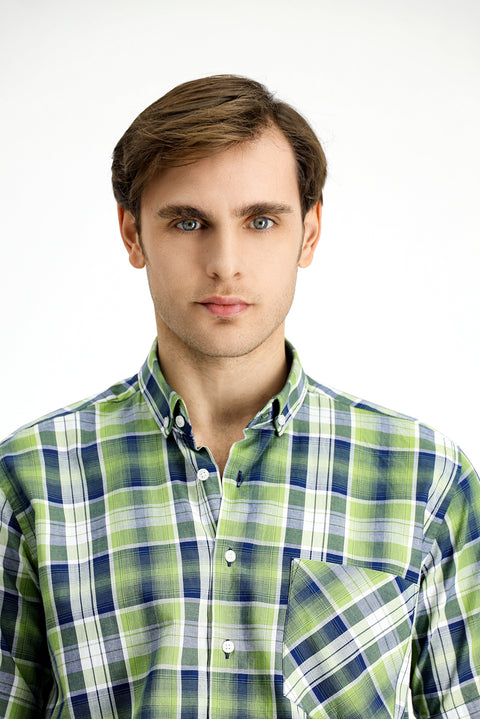 Pistachio Green Short Sleeve Regular Fit Plaid Sport Button-Down Collar Cotton Shirt with Pockets