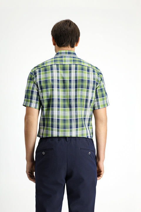 Pistachio Green Short Sleeve Regular Fit Plaid Sport Button-Down Collar Cotton Shirt with Pockets