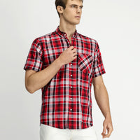Flag Red Short Sleeve Regular Fit Plaid Sport Button-Down Collar Cotton Pocket Shirt