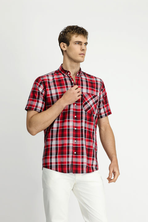 Flag Red Short Sleeve Regular Fit Plaid Sport Button-Down Collar Cotton Pocket Shirt