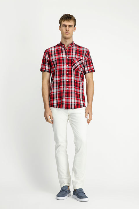 Flag Red Short Sleeve Regular Fit Plaid Sport Button-Down Collar Cotton Pocket Shirt