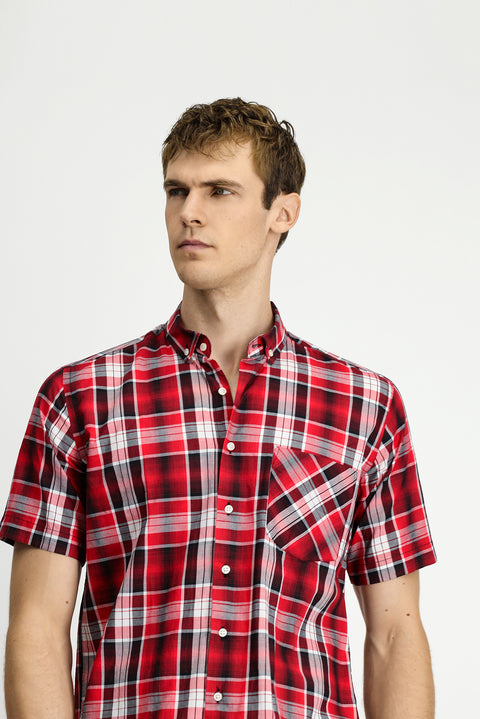 Flag Red Short Sleeve Regular Fit Plaid Sport Button-Down Collar Cotton Pocket Shirt