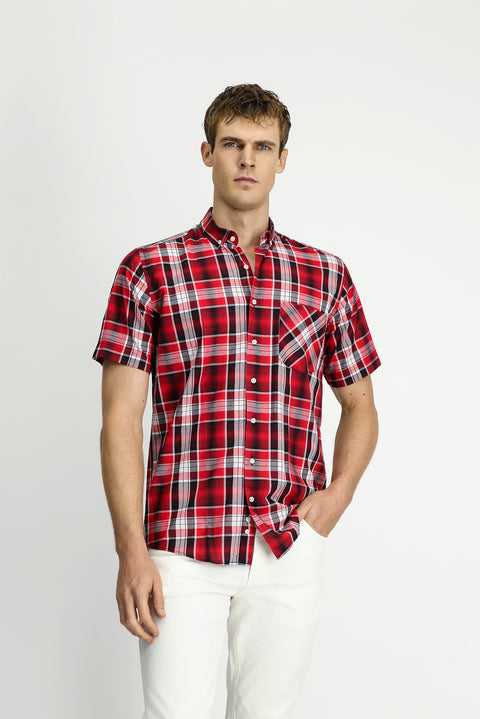 Flag Red Short Sleeve Regular Fit Plaid Sport Button-Down Collar Cotton Pocket Shirt