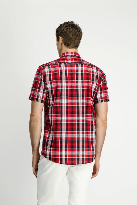 Flag Red Short Sleeve Regular Fit Plaid Sport Button-Down Collar Cotton Pocket Shirt