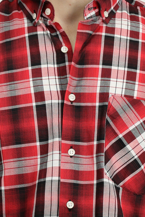 Flag Red Short Sleeve Regular Fit Plaid Sport Button-Down Collar Cotton Pocket Shirt