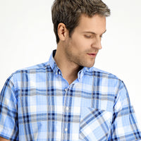 Blue Short Sleeve Regular Fit Plaid Sport Button-Down Collar Cotton Shirt