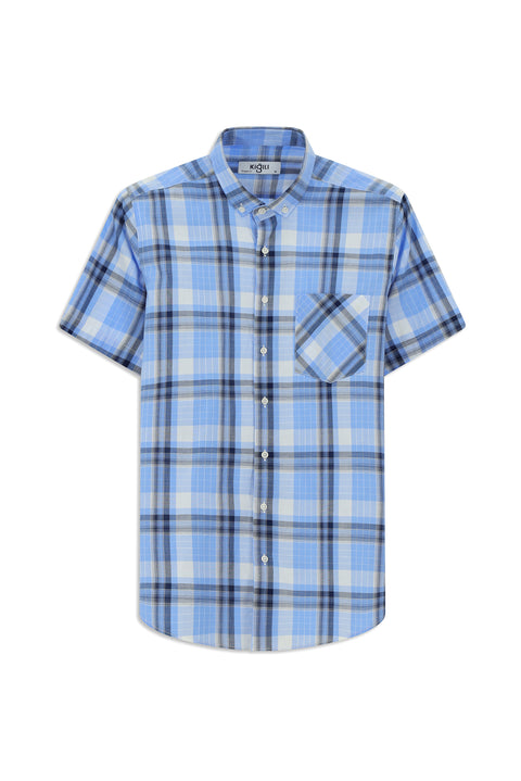 Blue Short Sleeve Regular Fit Plaid Sport Button-Down Collar Cotton Shirt