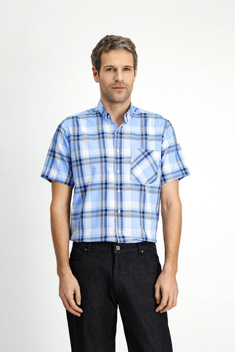 Blue Short Sleeve Regular Fit Plaid Sport Button-Down Collar Cotton Shirt