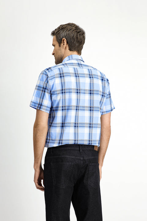 Blue Short Sleeve Regular Fit Plaid Sport Button-Down Collar Cotton Shirt
