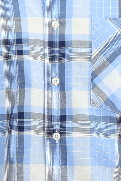 Blue Short Sleeve Regular Fit Plaid Sport Button-Down Collar Cotton Shirt