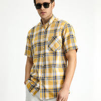 Mustard Short Sleeve Regular Fit Plaid Sport Button-Down Collar Cotton Shirt