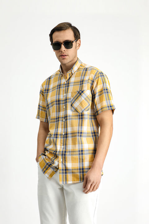 Mustard Short Sleeve Regular Fit Plaid Sport Button-Down Collar Cotton Shirt