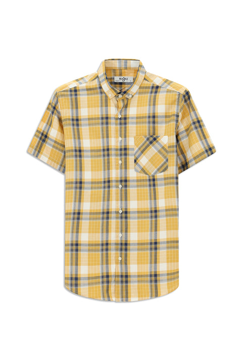 Mustard Short Sleeve Regular Fit Plaid Sport Button-Down Collar Cotton Shirt