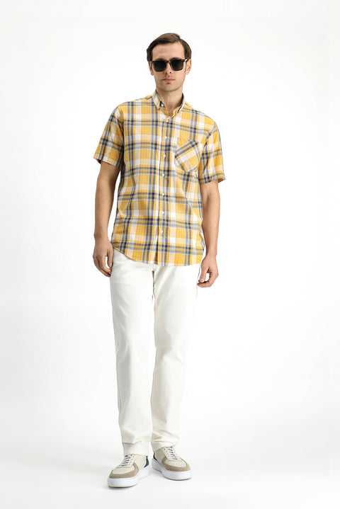 Mustard Short Sleeve Regular Fit Plaid Sport Button-Down Collar Cotton Shirt