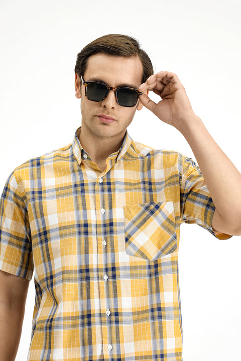 Mustard Short Sleeve Regular Fit Plaid Sport Button-Down Collar Cotton Shirt