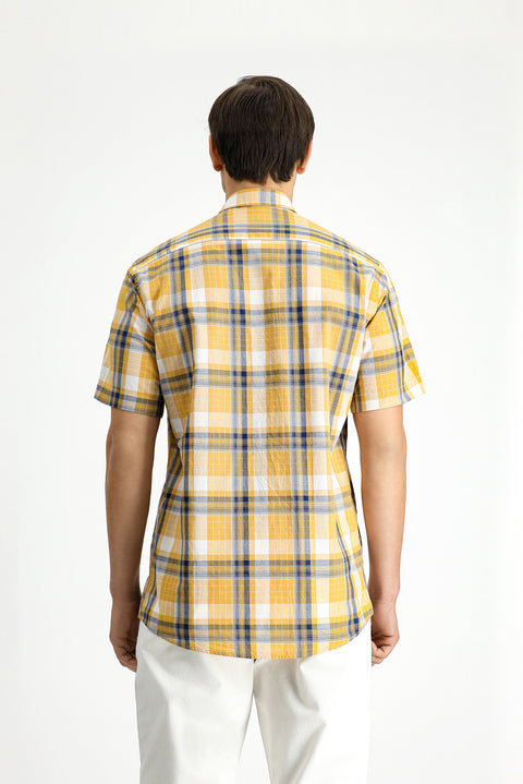 Mustard Short Sleeve Regular Fit Plaid Sport Button-Down Collar Cotton Shirt