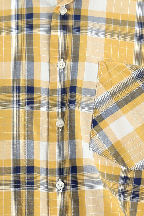 Mustard Short Sleeve Regular Fit Plaid Sport Button-Down Collar Cotton Shirt