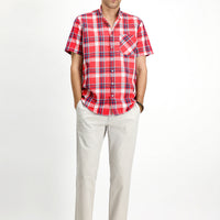 Light Red Short Sleeve Regular Fit Plaid Sport Button-Down Collar Cotton Shirt