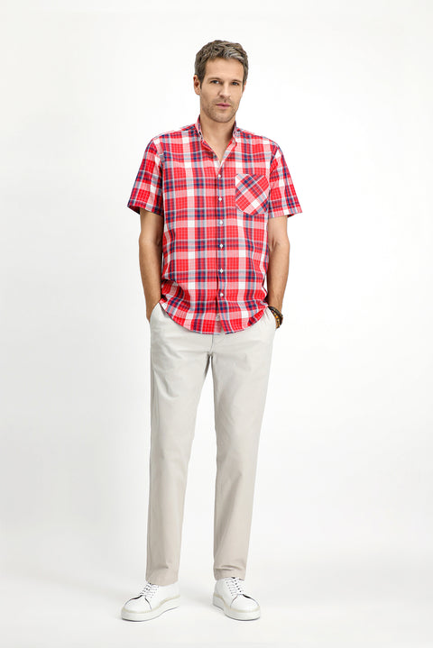 Light Red Short Sleeve Regular Fit Plaid Sport Button-Down Collar Cotton Shirt