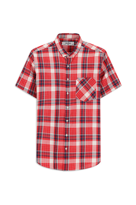 Light Red Short Sleeve Regular Fit Plaid Sport Button-Down Collar Cotton Shirt