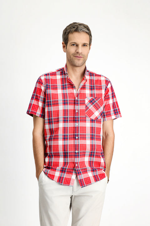 Light Red Short Sleeve Regular Fit Plaid Sport Button-Down Collar Cotton Shirt