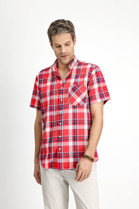 Light Red Short Sleeve Regular Fit Plaid Sport Button-Down Collar Cotton Shirt