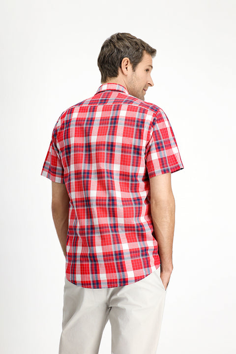 Light Red Short Sleeve Regular Fit Plaid Sport Button-Down Collar Cotton Shirt