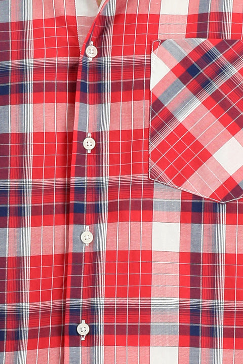 Light Red Short Sleeve Regular Fit Plaid Sport Button-Down Collar Cotton Shirt