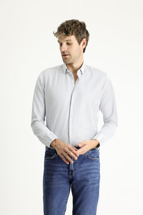 Light Navy Blue Long Sleeve Slim Fit Striped Cotton Easy-Iron Shirt