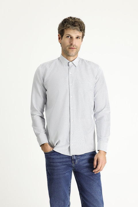 Light Navy Blue Long Sleeve Slim Fit Striped Cotton Easy-Iron Shirt