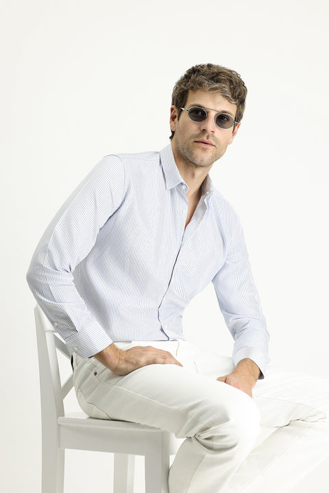Blue Long Sleeve Slim Fit Striped Cotton Easy-Iron Shirt