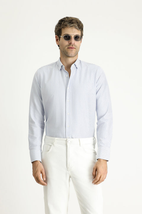 Blue Long Sleeve Slim Fit Striped Cotton Easy-Iron Shirt
