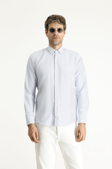 Blue Long Sleeve Slim Fit Striped Cotton Easy-Iron Shirt