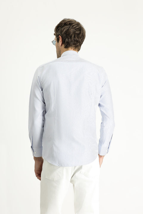 Blue Long Sleeve Slim Fit Striped Cotton Easy-Iron Shirt