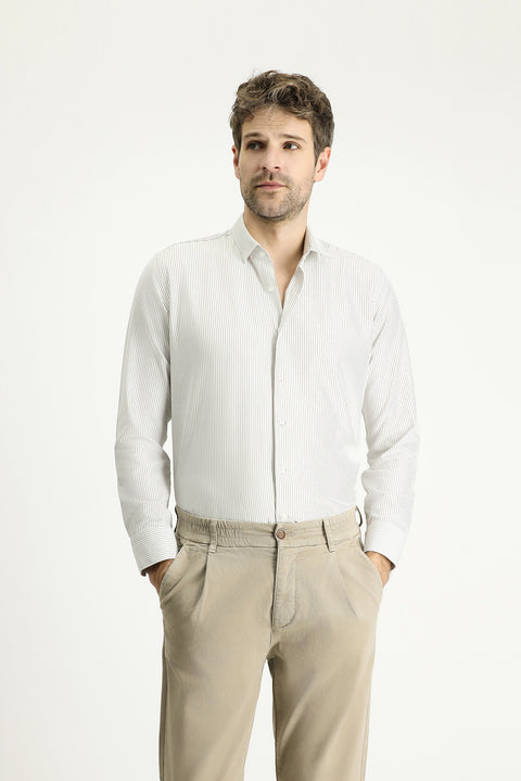 Light Mink Long Sleeve Slim Fit Narrow Cut Striped Cotton Easy-Iron Shirt