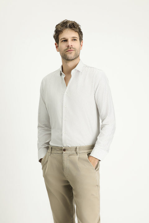 Light Mink Long Sleeve Slim Fit Narrow Cut Striped Cotton Easy-Iron Shirt