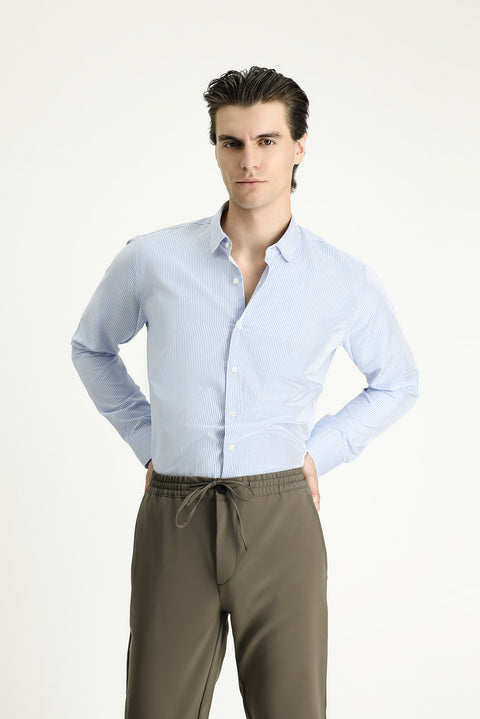 Light Blue Long Sleeve Slim Fit Striped Cotton Easy-Iron Shirt