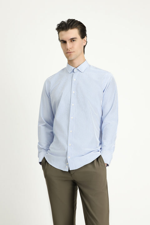 Light Blue Long Sleeve Slim Fit Striped Cotton Easy-Iron Shirt