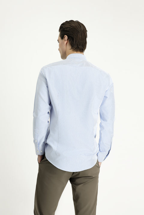 Light Blue Long Sleeve Slim Fit Striped Cotton Easy-Iron Shirt