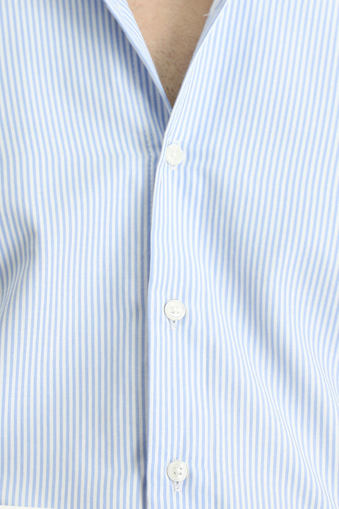 Light Blue Long Sleeve Slim Fit Striped Cotton Easy-Iron Shirt